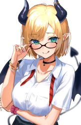 Rule 34 | 1girl, :q, adjusting eyewear, arm under breasts, blonde hair, bracelet, breasts, closed mouth, collared shirt, demon girl, demon horns, demon tail, demon wings, glasses, green eyes, highres, hololive, horns, jewelry, large breasts, looking at viewer, nail polish, pink nails, pointy ears, scrunchie, shirt, short hair, short sleeves, simple background, smile, solo, tail, tongue, tongue out, upper body, uuroncha, virtual youtuber, white background, white shirt, wings, wrist scrunchie, yuzuki choco