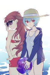 Rule 34 | 2girls, ayanami rei, back, ball, beachball, blue hair, breasts, hat, highres, holding, holding ball, looking at viewer, multiple girls, naimaze atakamo, neon genesis evangelion, red eyes, souryuu asuka langley, sunglasses, swimsuit, water