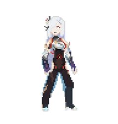 Rule 34 | 1girl, bow, closed mouth, female focus, full body, genshin impact, hair bow, hair ornament, leggings, long hair, looking at viewer, nail polish, non-web source, pink eyes, pixel art, pokefankris, red rope, rope, self-upload, shenhe (genshin impact), simple background, solo, sprite, standing, white hair