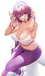 Rule 34 | 1girl, adjusting hair, bra, breasts, cleavage, collarbone, damda, fate/grand order, fate (series), hair tie, large breasts, long hair, looking at viewer, mouth hold, navel, pants, purple hair, purple pants, red eyes, scathach (fate), simple background, solo, sports bra, underwear, white background, white bra, white sports bra