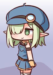 Rule 34 | 1girl, aoi (mechanic) (princess connect!), aoi (princess connect!), bare shoulders, black shirt, blue hat, blush, brown gloves, cabbie hat, chibi, closed mouth, gloves, green eyes, green hair, hair over one eye, hana kazari, hat, highres, looking away, overall skirt, pointy ears, princess connect!, ringed eyes, shirt, smile, solo, standing, thighhighs, white thighhighs