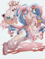 Rule 34 | 1girl, :p, aqua eyes, bag, creatures (company), fairy miku (project voltage), game freak, gen 1 pokemon, handbag, hatsune miku, heart, heart hands, highres, holding, holding bag, jigglypuff, lips, long hair, multicolored hair, nintendo, pink footwear, pokemon, project voltage, reo (mmocc123), shadow, shirt, shoes, skirt, smile, tongue, tongue out, two-tone hair, very long hair, vocaloid, white background