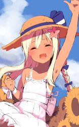 Rule 34 | 1girl, alternate costume, alternate hairstyle, atsutoku, bad id, bad twitter id, blonde hair, blue sky, braid, cloud, commentary request, cowboy shot, day, dress, closed eyes, facing viewer, fang, flower, hat, highres, kantai collection, long hair, one-piece tan, open mouth, outdoors, ro-500 (kancolle), single braid, sky, smile, solo, spaghetti strap, straw hat, sun hat, sundress, sunflower, tan, tanline, waving