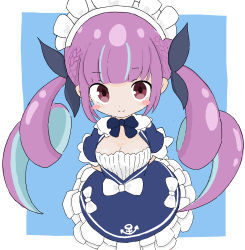 Rule 34 | 1girl, absurdres, anchor symbol, arms behind back, black ribbon, blue background, blue dress, blue hair, braid, breasts, cleavage, closed mouth, commentary request, dress, frilled dress, frills, hair ribbon, highres, hololive, long hair, maid headdress, medium breasts, minato aqua, minato aqua (1st costume), multicolored hair, puffy short sleeves, puffy sleeves, purple hair, ribbon, rururu (pyrk8855), short sleeves, smile, solo, twintails, two-tone background, two-tone hair, very long hair, virtual youtuber, white background
