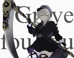 Rule 34 | 1girl, alternate costume, belt, belt buckle, black capelet, black dress, black gloves, black hat, breasts, buckle, cabbie hat, capelet, chili-tomato (gekikaraya), commentary request, dated, dress, english text, fate (series), gloves, gray (fate), grey belt, grey hair, grey neckwear, hair between eyes, hat, highres, holding, holding scythe, holding weapon, long sleeves, looking at viewer, lord el-melloi ii case files, medium breasts, necktie, parted lips, scythe, sidelocks, signature, weapon, white background, yellow eyes