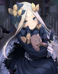 Rule 34 | 1girl, abigail williams (fate), black bow, black butterfly, black dress, blonde hair, blue eyes, blush, bow, bug, butterfly, dress, fate/grand order, fate (series), forehead, hair bow, holding, holding stuffed toy, indoors, insect, long hair, looking at viewer, multiple hair bows, orange bow, parted bangs, polka dot, polka dot bow, sleeves past fingers, sleeves past wrists, smile, solo, stuffed animal, stuffed toy, tachikawa nanagatsu, teddy bear, upper body