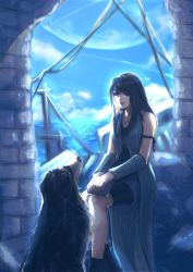 Rule 34 | 1girl, angelo (ff8), arm warmers, black hair, breasts, closed mouth, cloud, commentary, dog, english commentary, feet out of frame, final fantasy, final fantasy viii, highres, jewelry, long hair, necklace, noie (neunteedelstein), rinoa heartilly, sitting, sleeveless duster, smile