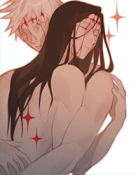 Rule 34 | 2boys, black hair, blood, blood on face, closed eyes, closed mouth, getou suguru, gojou satoru, highres, hug, injury, jujutsu kaisen, light frown, light smile, long hair, male focus, multiple boys, nude, scar, scar on face, short hair, simple background, sparkle, stitched face, stitches, straight hair, twitter username, upper body, v4le0, white background, white hair, yaoi
