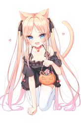 Rule 34 | 1girl, animal ears, bare shoulders, beliatan, bell, black shirt, blonde hair, blue eyes, breasts, candy, candy cane, cat ears, cat girl, cat tail, collarbone, crawling, eyebrows hidden by hair, fang, food, frills, full body, halloween, halloween bucket, heart, highres, jingle bell, kneeling, lollipop, looking at viewer, multicolored hair, neck bell, no shoes, open mouth, original, parted bangs, pink hair, shirt, short sleeves, simple background, skin fang, small breasts, solo, streaked hair, tail, tail raised, thighhighs, twintails, two-tone hair, white background