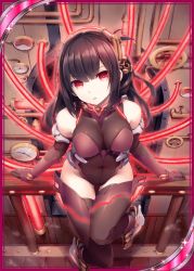 Rule 34 | 1girl, against railing, akkijin, black thighhighs, bodysuit, brown hair, cable, card (medium), covered collarbone, engine, from above, full body, gauge, glint, glowing, hair between eyes, halterneck, head tilt, legs together, leotard, looking at viewer, machinery, mecha musume, neon trim, official art, parted bangs, railing, red eyes, shinkai no valkyrie, sitting, skin tight, solo, sparkle, thighhighs