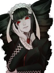 Rule 34 | 1girl, black hair, bonnet, celestia ludenberg, claw ring, commentary request, danganronpa: trigger happy havoc, danganronpa (series), drill hair, frills, gothic lolita, grey background, hair ornament, highres, jacket, jewelry, lolita fashion, long hair, long sleeves, looking at viewer, nail polish, necktie, red eyes, red necktie, simple background, smile, solo, tekase (hmus162), twin drills, twintails, upper body