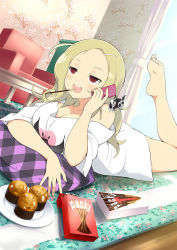 Rule 34 | 1girl, bare legs, bare shoulders, barefoot, blonde hair, breasts, cellphone, eating, feet up, food, hair ornament, hairclip, highres, large breasts, leg up, long hair, long shirt, lying, lying on ground, mole, mole under mouth, on stomach, open mouth, phone, pocky, red eyes, senran kagura, shiki (senran kagura), shirt, smile, solo, sweets, talking on phone