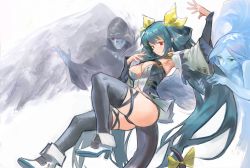 Rule 34 | 1girl, absurdres, angel wings, arm up, armpits, ass, asymmetrical wings, bad id, bad twitter id, belt, black thighhighs, blue hair, breasts, choker, cleavage, closed mouth, clothing cutout, detached sleeves, dizzy (guilty gear), expressionless, glowing, glowing eye, green eyes, guilty gear, guilty gear xrd, hair rings, high heels, highres, large breasts, letro, long hair, mature female, monster girl, necro (guilty gear), red eyes, ribbon, sidelocks, simple background, sketch, solo, tail, tail ornament, tail ribbon, thigh strap, thighhighs, thighs, twintails, undine (guilty gear), white background, wings