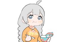 Rule 34 | 1girl, ahoge, blunt bangs, blush, braid, chibi, food, food theft, full mouth, grey eyes, grey hair, highres, holding, holding food, holding spoon, kizuna akari, long hair, long sleeves, looking at viewer, mashima jirou, nervous, nervous sweating, orange shirt, partially translated, print shirt, raised eyebrows, shirt, simple background, smile, solo, spoon, sweat, translation request, twin braids, upper body, vocaloid, voiceroid, white background, yogurt