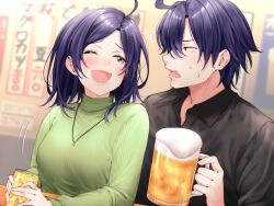Rule 34 | 1boy, 1girl, aged up, ahoge, bar (place), beer mug, black shirt, blue hair, blush, brother and sister, collared shirt, cup, dark blue hair, drunk, fang, green sweater, grey eyes, hair ornament, highres, hikigaya hachiman, hikigaya komachi, holding, holding cup, indoors, jewelry, long sleeves, looking at another, menu board, mug, necklace, one eye closed, open mouth, parted bangs, profile, red hayao, ribbed sweater, shirt, short hair, siblings, sweat, sweater, turtleneck, turtleneck sweater, upper body, x hair ornament, yahari ore no seishun lovecome wa machigatteiru.