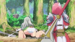 Rule 34 | 3girls, @ @, accident, animated, anime screenshot, armor, ass, back tattoo, between breasts, bike shorts, black hairband, black shorts, black thighhighs, blank eyes, blush, bouncing breasts, bra, breast smother, breasts, capelet, cleavage, collarbone, covering own mouth, dog girl, dress, face to breasts, fingerless gloves, futoku no guild, girl on top, gloves, green dress, green eyes, hair between eyes, hairband, hanabata nohkins, head between breasts, highres, hip vent, hitamu kyan, holding hands, large breasts, long hair, maidena angers, medium hair, multiple girls, open mouth, panties, pink hair, pink panties, purple eyes, red eyes, red gloves, saliva, shirt, short hair, short shorts, shorts, silk, silver hair, sound, spider web, sports bra, subtitled, tattoo, thighhighs, thighs, tongue, tongue out, tramp stamp, underwear, video, white capelet, white panties, white shirt, yellow bra, yuri