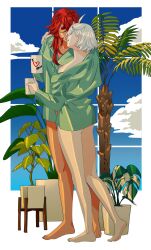 Rule 34 | 2girls, absurdres, ahoge, arm around neck, bare legs, barefoot, bite mark, blue sky, bottomless, cloud, coffee mug, commentary request, cup, dark-skinned female, dark skin, day, full body, green shirt, gundam, gundam suisei no majo, highres, holding, holding cup, kiss, korean commentary, long hair, long sleeves, miorine rembran, mug, multiple girls, plant, potted plant, red hair, shirt, short hair, simple background, sky, snapagi, standing, suletta mercury, thick eyebrows, white background, white hair, window, yuri