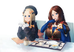 Rule 34 | 2girls, abigail williams (fate), animal print, bacon, black bow, blonde hair, blue eyes, blue gloves, bow, bowl, bread slice, brown hair, chair, commentary request, cup, drink, eating, egg, egg (food), elbow gloves, fate/grand order, fate (series), food, gloves, hair bow, holding, holding cup, holding food, jar, leonardo da vinci (fate), licking, licking finger, long hair, looking at viewer, mori yashiro (konkon oyashiro), mug, multiple girls, multiple hair bows, octopus print, open mouth, orange bow, placemat, plate, puff and slash sleeves, puffy sleeves, simple background, sitting, soup, spoon, steam, stuffed animal, stuffed toy, sunny side up egg, table, teddy bear, toast, tongue, tongue out, white background