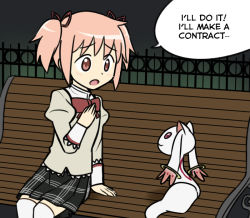 Rule 34 | 10s, 1girl, ange (angeban93), bench, bow, bowtie, english text, fence, hand on own chest, kaname madoka, kyubey, mahou shoujo madoka magica, mahou shoujo madoka magica (anime), park bench, pink eyes, pink hair, pleated skirt, red bow, red bowtie, ribbon, school uniform, short hair, short twintails, sitting, skirt, speech bubble, talking, thighhighs, twintails