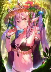 Rule 34 | 1girl, bare shoulders, bikini, black bikini, blush, breasts, brown eyes, closed mouth, commentary request, dappled sunlight, day, earrings, enj!, flower, food, forest, hair between eyes, hands up, hat, hat flower, head tilt, highres, holding, holding food, horns, jewelry, light smile, long hair, nature, navel, original, outdoors, pointy ears, popsicle, red flower, silver hair, small breasts, solo, standing, straw hat, sunlight, swimsuit, tree, twintails, very long hair, wind, wind lift, yellow flower