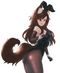 Rule 34 | 1girl, animal ears, ass, bare shoulders, black eyes, black leotard, black pantyhose, blush, brown hair, ehrrr, elbow gloves, eyes visible through hair, fake animal ears, fang, fishnet pantyhose, fishnets, gloves, hair over one eye, highres, imaizumi kagerou, leotard, long hair, looking at viewer, open mouth, pantyhose, playboy bunny, rabbit ears, rabbit tail, red eyes, simple background, solo, standing, strapless, strapless leotard, tail, touhou, transparent background, white background, wolf ears, wolf tail, wrist cuffs