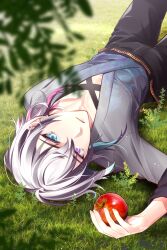 Rule 34 | 1boy, absurdres, apple, aztree, black pants, blue eyes, blue hair, commentary, english commentary, food, fruit, gavis bettel, grey hair, hair between eyes, heterochromia, highres, holding, holding food, holding fruit, holostars, holostars english, knee up, looking at viewer, lying, male focus, multicolored hair, on back, on grass, outdoors, pale skin, pants, parted lips, pink eyes, pink hair, red apple, solo, upper body, upside-down, virtual youtuber
