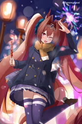 Rule 34 | 1girl, absurdres, animal ears, antenna hair, arm up, bag, baozouyeguai, blue bag, blue coat, brown footwear, brown scarf, coat, commentary request, daiwa scarlet (umamusume), fang, fireworks, hair between eyes, hair intakes, highres, holding, horse ears, horse girl, horse tail, lamppost, leg up, loafers, long hair, night, one eye closed, outdoors, plaid, plaid scarf, pleated skirt, purple skirt, red eyes, red hair, scarf, school uniform, shoes, shoulder bag, skirt, smile, solo, tail, thighhighs, tiara, tracen school uniform, tracen winter coat, twintails, twitter username, umamusume, very long hair, winter clothes, winter coat
