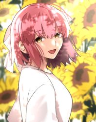 Rule 34 | 1girl, blurry, blurry background, bow, brown eyes, commentary, exa (koyuru), flower, hair between eyes, hair bow, highres, kohaku (tsukihime), looking at viewer, open mouth, red hair, shirt, short hair, short sleeves, smile, solo, sunflower, t-shirt, tsukihime, upper body, white bow, white shirt, yellow flower
