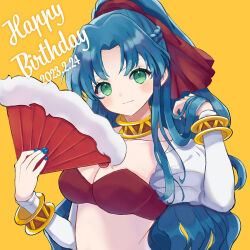 Rule 34 | 1girl, blue hair, blush, braid, breasts, collarbone, dated, eyelashes, gold bracelet, gold necklace, green eyes, hand fan, happy birthday, holding, holding fan, jewelry, kashima miyako, large breasts, long hair, looking at viewer, madou monogatari, necklace, ponytail, puyopuyo, red shirt, rulue (puyopuyo), shirt, solo, upper body, very long hair, white sleeves, yellow background