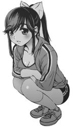 Rule 34 | 1girl, breasts, buruma, cleavage, collarbone, full body, greyscale, itokatsu, large breasts, long sleeves, looking at viewer, love plus, monochrome, ponytail, shoes, sidelocks, simple background, sneakers, solo, sportswear, squatting, takane manaka, white background