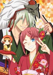 Rule 34 | 1boy, 1girl, blue eyes, braid, checkered background, dezel (tales), floral print, flower, green eyes, green hair, green kimono, grin, hair flower, hair ornament, hair over one eye, holding, japanese clothes, kimono, looking at viewer, one eye closed, parted bangs, print kimono, red flower, red hair, red kimono, rose (tales), saklo, short hair, sidelocks, silver hair, single braid, smile, tales of (series), tales of zestiria, v