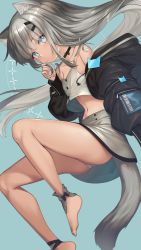 Rule 34 | 1girl, animal ear fluff, animal ears, ankle cuffs, barefoot, black jacket, blue background, blue eyes, blue nails, cat ears, cat girl, cat tail, choker, circle skirt, crop top, feet, female focus, grey skirt, hair ornament, hairclip, highres, jacket, long hair, mitake eil, nail polish, navel, off shoulder, original, panties, playing with own hair, silver hair, skirt, solo, tail, thighs, underwear