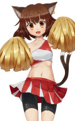 Rule 34 | 1girl, :d, alternate costume, animal ear fluff, animal ears, bike shorts, bike shorts under skirt, blush, breasts, brown eyes, brown hair, cat ears, cat tail, cheerleader, chen, earrings, fang, highres, jewelry, looking at viewer, midriff, miniskirt, multiple tails, navel, open mouth, pom pom (cheerleading), shone, simple background, single earring, skirt, small breasts, smile, solo, stomach, tail, thighs, touhou, two tails, white background
