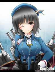 Rule 34 | 1girl, adapted turret, beret, black gloves, black hair, blue background, blush, breasts, cannon, checkered background, copyright name, gloves, gradient background, hat, kantai collection, koneko (purinkypix), large breasts, looking at viewer, machinery, military uniform, red eyes, rigging, short hair, skirt, smile, solo, takao (kancolle), turret, uniform, upper body
