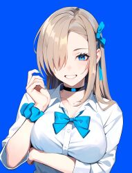 Rule 34 | 1girl, arm under breasts, asuna (blue archive), black choker, blonde hair, blue archive, blue bow, blue bowtie, blue eyes, blue nails, blue ribbon, blue scrunchie, blush, bow, bowtie, breasts, choker, collarbone, collared shirt, fingernails, hair ribbon, highres, large breasts, long hair, long sleeves, looking at viewer, no halo, parted bangs, ribbon, scrunchie, shirt, sleeves rolled up, smile, solo, tor (torkrub111), upper body, white shirt, wrist scrunchie