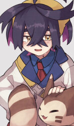 Rule 34 | 1boy, ahoge, animal, belt buckle, black hair, blue shirt, buckle, collared shirt, colored inner hair, commentary request, creatures (company), crossed bangs, crying, crying with eyes open, furret, game freak, gen 2 pokemon, hayashi (pixiv), headband, highres, holding, holding animal, holding pokemon, jacket, kieran (pokemon), long sleeves, looking at animal, looking to the side, male focus, mole, mole on neck, multicolored hair, necktie, nintendo, open mouth, petting, petting animal, pokemon, pokemon (creature), pokemon sv, purple hair, red necktie, shirt, short hair, shorts, strap, tears, two-tone hair, white jacket, yellow eyes, yellow headband