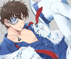 Rule 34 | 1boy, blue eyes, blue shirt, brown hair, buttons, collarbone, collared shirt, commentary, dreaming182, dress shirt, formal, gloves, grey background, hair between eyes, hat, highres, jacket, kaitou kid, long sleeves, looking at viewer, magic kaito, male focus, monocle, monocle chain, necktie, open clothes, open jacket, open mouth, pants, partially unbuttoned, pectoral cleavage, pectorals, red necktie, shirt, short hair, simple background, solo, suit, top hat, undone necktie, unworn hat, unworn headwear, white gloves, white hat, white jacket, white pants, white suit