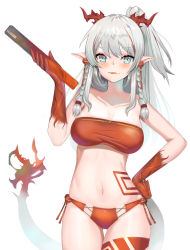 Rule 34 | 1girl, absurdres, aqua eyes, arknights, bare shoulders, bikini, blush, braid, breasts, cleavage, collarbone, cowboy shot, earrings, elbow gloves, fang, fang out, gloves, gluteal fold, hand on own hip, highres, holding, horns, jewelry, long hair, looking at viewer, medium breasts, multicolored hair, navel, negister, nian (arknights), parted lips, pointy ears, ponytail, red bikini, red gloves, red hair, sidelocks, silver hair, smile, solo, stomach, strapless, strapless bikini, streaked hair, swimsuit, tail, tattoo, thigh gap, twin braids, two-tone hair, v-shaped eyebrows