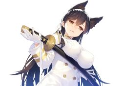 Rule 34 | 1girl, animal ears, atago (azur lane), azur lane, black hair, breasts, brown eyes, commentary, dutch angle, gloves, highres, holding, holding weapon, katana, kibanda gohan, large breasts, long hair, long sleeves, looking at viewer, looking down, military, military uniform, simple background, solo, sword, uniform, upper body, weapon, white background, white gloves