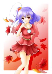 Rule 34 | 1girl, adapted costume, ahoge, aoi-kaze, bad id, bad pixiv id, belt, blouse, breasts, collarbone, female focus, gradient background, hand on own face, highres, leaf, light purple hair, looking at viewer, maple leaf, mirror, ponytail, puffy sleeves, red eyes, shadow, shirt, short hair, short sleeves, skirt, smile, solo, touhou, wind, yasaka kanako