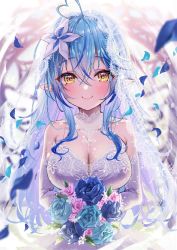 Rule 34 | 1girl, ahoge, blue flower, blue hair, blue rose, blush, bouquet, bridal veil, closed mouth, commentary request, detached collar, detached sleeves, dress, flower, hair between eyes, hair flower, hair ornament, heart, heart ahoge, highres, holding, holding bouquet, hololive, long sleeves, looking at viewer, misekiss, multicolored hair, petals, pointy ears, rose, smile, solo, strapless, strapless dress, streaked hair, veil, virtual youtuber, wedding dress, white dress, white flower, yellow eyes, yukihana lamy