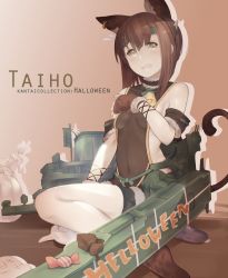 Rule 34 | 10s, 1girl, alternate costume, animal ears, animal hands, armband, bad id, bad pixiv id, bell, blush, breasts, brown background, brown hair, candle, candy, cat ears, cat tail, character name, choker, copyright name, english text, eyebrows, fur trim, gradient background, green eyes, halloween, halloween costume, head tilt, headband, highres, jingle bell, kantai collection, machinery, mania (fd6060 60), open mouth, short hair, silhouette, sitting, small breasts, solo, sweatdrop, taihou (kancolle), tail, wrapped candy