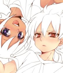 Rule 34 | 2boys, colorized, hair ornament, hakuryuu (inazuma eleven), inazuma eleven, inazuma eleven (series), inazuma eleven go, long hair, lowres, male focus, multiple boys, open mouth, rotational symmetry, short hair, shuu (inazuma eleven), tobi (one), white background, unfinished