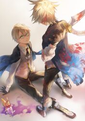 Rule 34 | 2boys, ascot, black ascot, black footwear, black gloves, black jacket, black pants, blonde hair, blood, blood in hair, blood on clothes, blood on face, bloody handprints, bloody weapon, boots, broken bottle, brooch, collared shirt, dual persona, fate/grand order, fate (series), full body, glasses, gloves, green eyes, grey vest, hair between eyes, half gloves, handprint, highres, holding, holding knife, jacket, jacket on shoulders, jekyll and hyde (fate), jewelry, knee up, knife, looking at another, male focus, multiple boys, pants, parted lips, potion, shirt, short hair, simple background, sitting, spill, standing, sweatdrop, torn clothes, torn jacket, tsugutoku, vest, vial, weapon, white shirt, wide-eyed