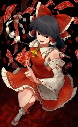 Rule 34 | 1girl, absurdres, ascot, black eyes, black hair, blunt bangs, bow, breasts, brown footwear, collared shirt, commentary, detached sleeves, frilled bow, frilled hair tubes, frilled shirt collar, frilled skirt, frills, full body, gohei, hair bow, hair tubes, hakurei reimu, highres, long hair, looking at viewer, odoro (nicoseiga81184094), ofuda, open mouth, red bow, red skirt, ribbon-trimmed sleeves, ribbon-trimmed socks, ribbon trim, sandals, sarashi, shirt, sidelocks, skirt, skirt set, sleeveless, sleeveless shirt, small breasts, socks, solo, tabi, talisman, touhou, white sleeves, white socks, wide sleeves, yellow ascot, yin yang, zouri