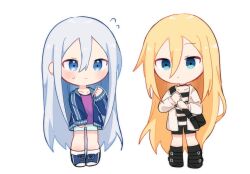 2girls bag blonde_hair blue_eyes boots chibi commentary_request expressionless flying_sweatdrops full_body hand_up holding_strap jacket light_smile long_hair long_sleeves multiple_girls neko_oudon open_clothes open_jacket project_sekai rachel_gardner satsuriku_no_tenshi shorts shoulder_bag socks sweat track_jacket very_long_hair white_hair yoisaki_kanade