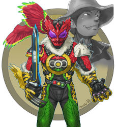 Rule 34 | 1boy, alternate universe, animal hands, animal print, another ooo (zi-o), another rider (zi-o), belt, bird, bird wings, bug, claws, clenched teeth, commentary request, creature, dan kuroto, evil eyes, evil grin, evil smile, feathered wings, feathers, fighting stance, fur trim, grasshopper, green eyes, grin, hawk, head wings, helmet, highres, holding, holding weapon, huujyu, insect, jungle, kamen rider, kamen rider zi-o (series), monster, nature, purple eyes, smile, solo, studded belt, sword, teeth, tiger, tiger print, weapon, wings