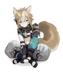 Rule 34 | 1boy, animal ears, armor, asymmetrical gloves, blue eyes, brown hair, crossed legs, dog boy, dog ears, dog tail, fingerless gloves, full body, genshin impact, gloves, gorou (genshin impact), hair between eyes, hair ornament, highres, japanese armor, japanese clothes, looking at viewer, male focus, multicolored hair, partially fingerless gloves, sh (shinh), simple background, sitting, solo, tail, tassel, toeless footwear, white background, white hair