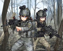 Rule 34 | 2girls, aiming, assault rifle, camouflage, commentary request, daewoo k2, digital camouflage, gloves, goggles, goggles on headwear, gun, gun sling, hair between eyes, helmet, holding, holding weapon, kws, laser sight, load bearing vest, military, military operator, multiple girls, original, patch, bulletproof vest, rifle, scope, sleeves rolled up, smoke, south korea, south korean flag, sunglasses, trigger discipline, vertical forward grip, weapon, weapon request