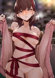 Rule 34 | 1girl, absurdres, bad id, bad pixiv id, bare shoulders, blue eyes, blurry, blurry background, blush, breasts, brown hair, cleft of venus, coat, collarbone, commentary, commentary request, cowboy shot, depth of field, earrings, exhibitionism, eyelashes, fingernails, glint, gluteal fold, hairband, heavy breathing, highres, idolmaster, idolmaster cinderella girls, jewelry, kangoku meika, long fingernails, long sleeves, looking at viewer, medium breasts, nail polish, naked ribbon, navel, no pants, nose blush, off shoulder, open clothes, open coat, outdoors, parted lips, pink coat, public indecency, pussy, pussy juice, red hairband, red nails, red ribbon, ribbon, sakuma mayu, short hair, skindentation, sleeves past wrists, smile, solo, stomach, uncensored, underboob, undressing